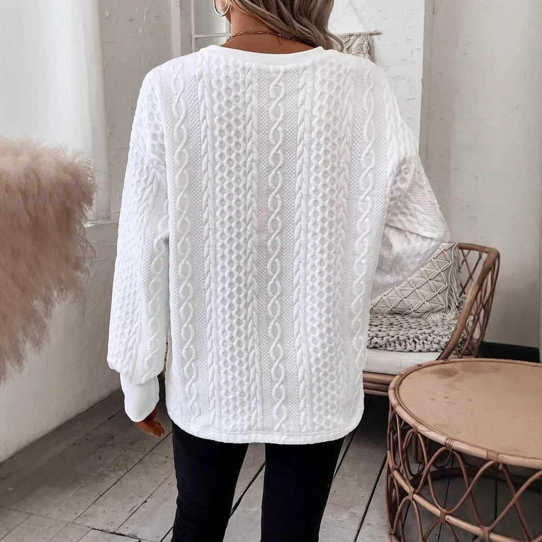 Milky white Japanese Korean casual loose t-shirt with 3D pattern and long sleeves