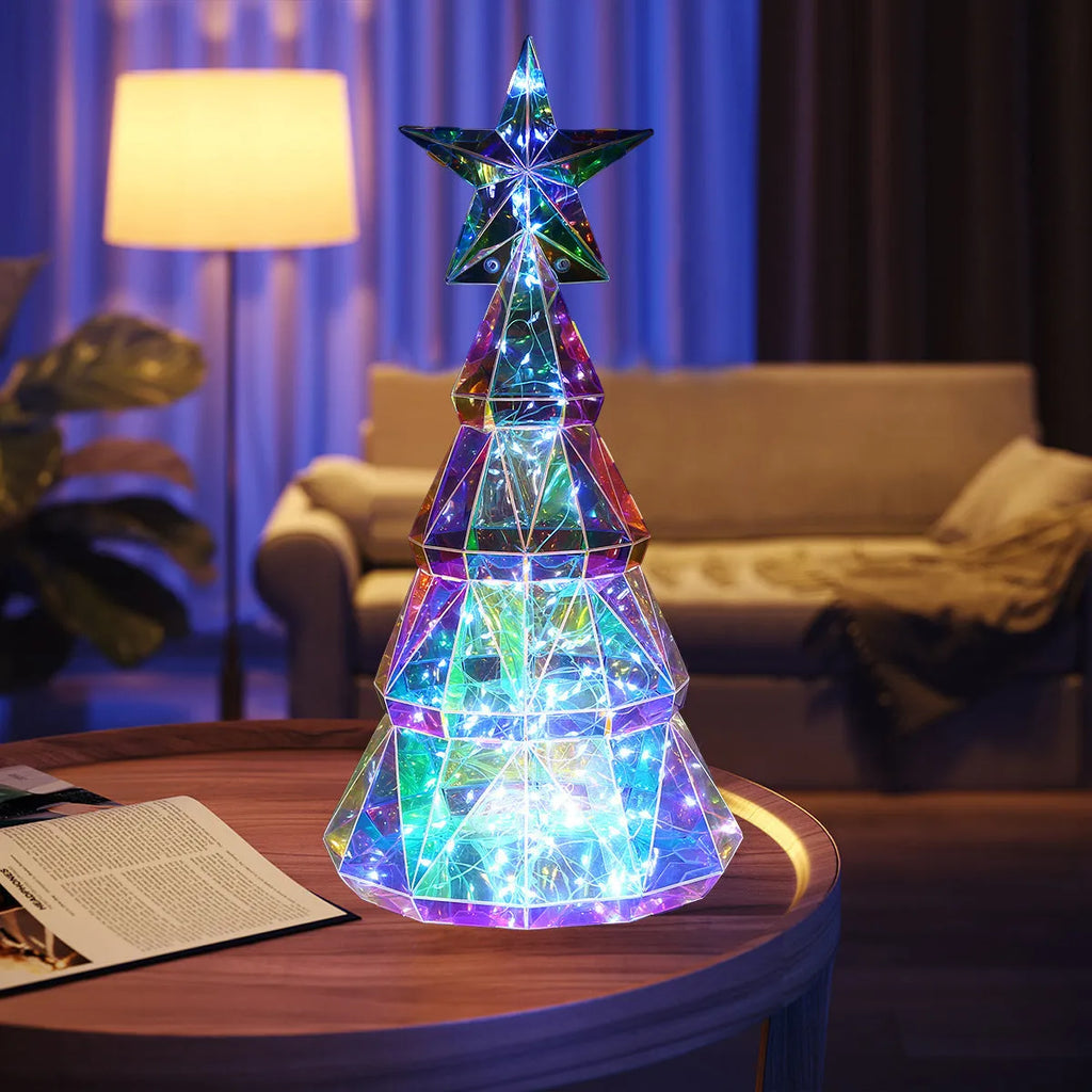 Colourful cartoon-style Christmas tree light decoration measuring 20cm high on a table.