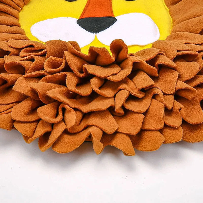 Brown lion-pattern fabric snuffle mat for dogs and cats with folds for hiding treats.