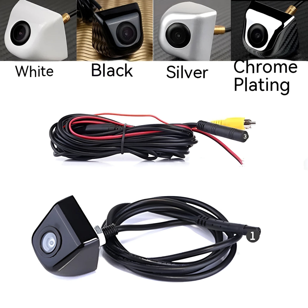 HD waterproof rearview camera with metal shell in black colour showing integrated wiring
