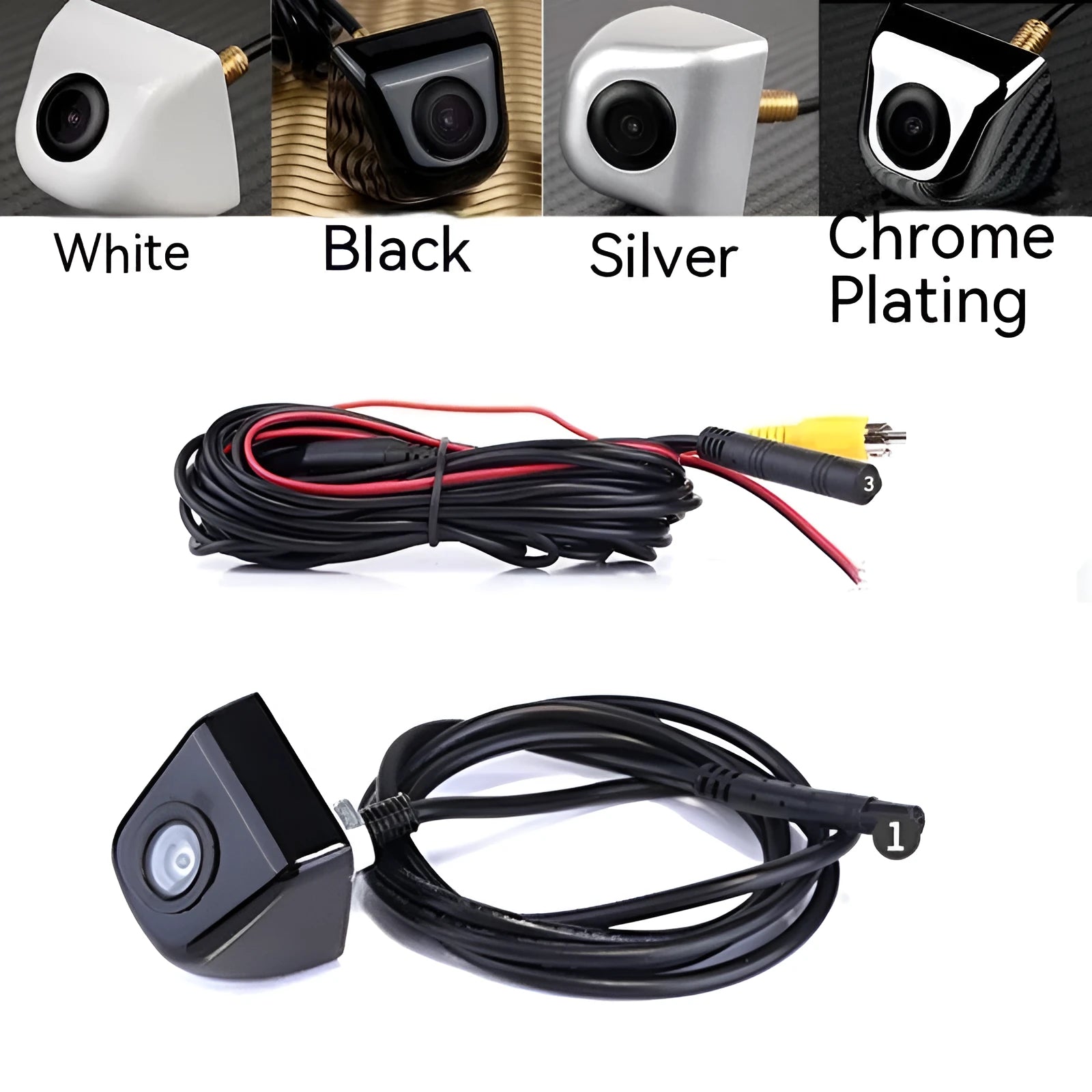 HD waterproof rearview camera with metal shell in black colour showing integrated wiring