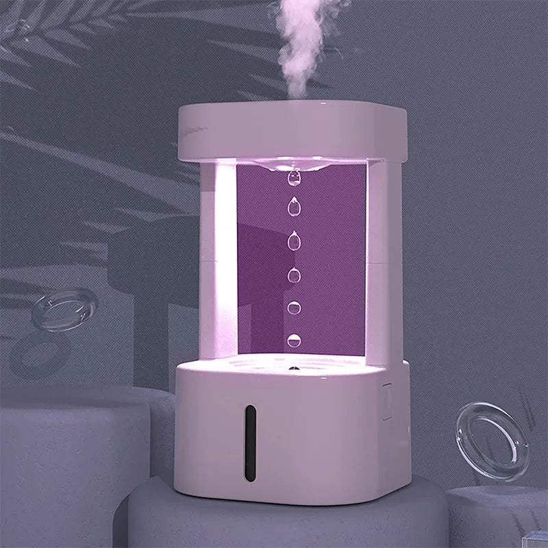 Anti-gravity water drop humidifier with optical illusion water flow and 580ml tank