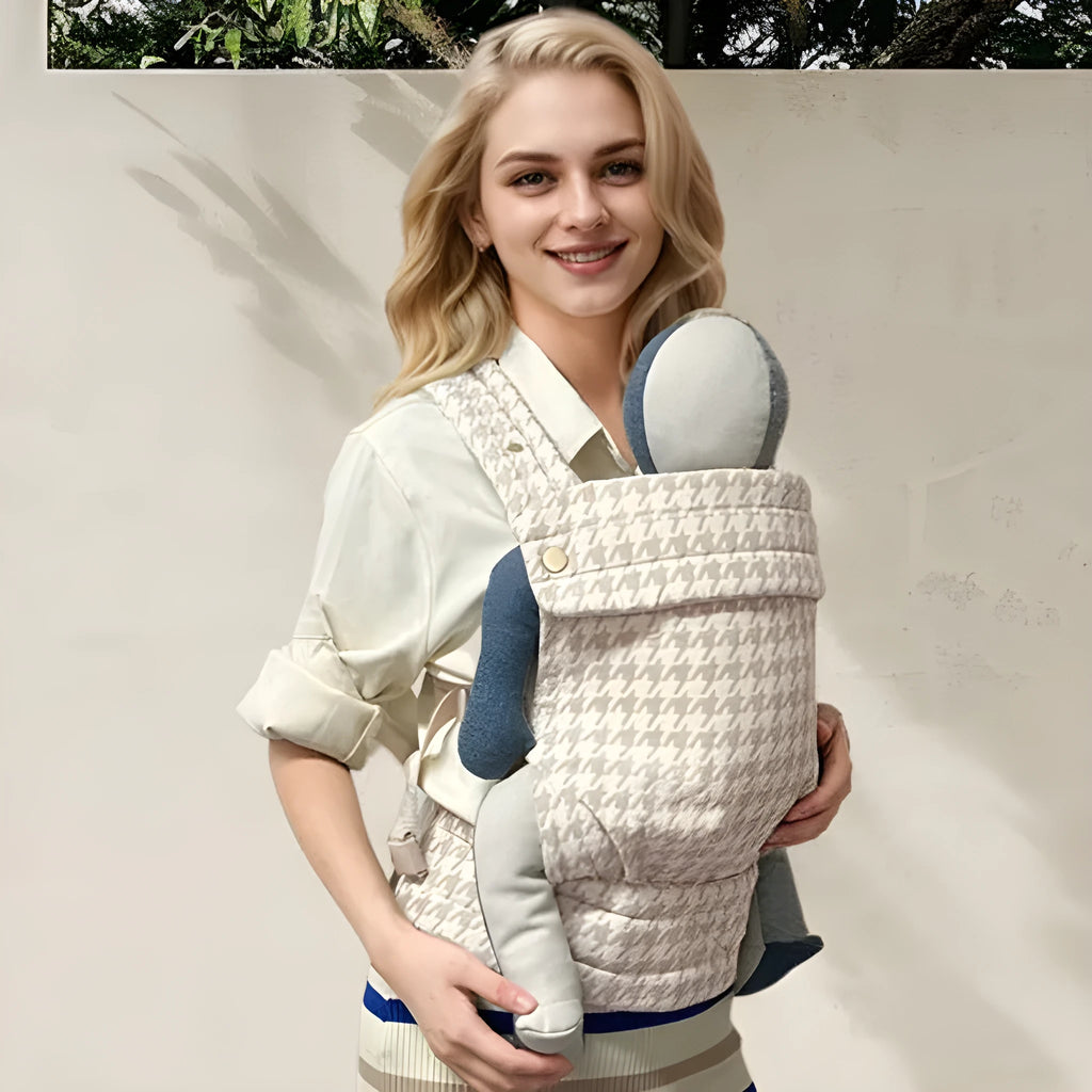Baby carrier in champagne houndstooth with adjustable shoulder strap, free size, for ages 0-4 years