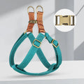 Brown vest-style dog lead with alloy fastener wrapped around a dog's torso.