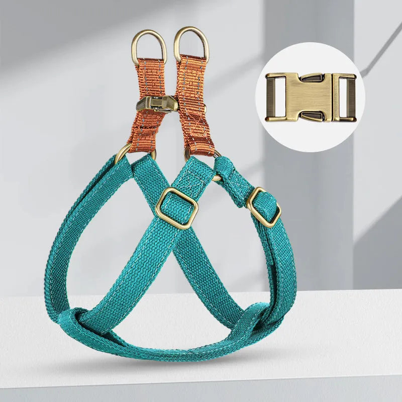 Brown vest-style dog lead with alloy fastener wrapped around a dog's torso.