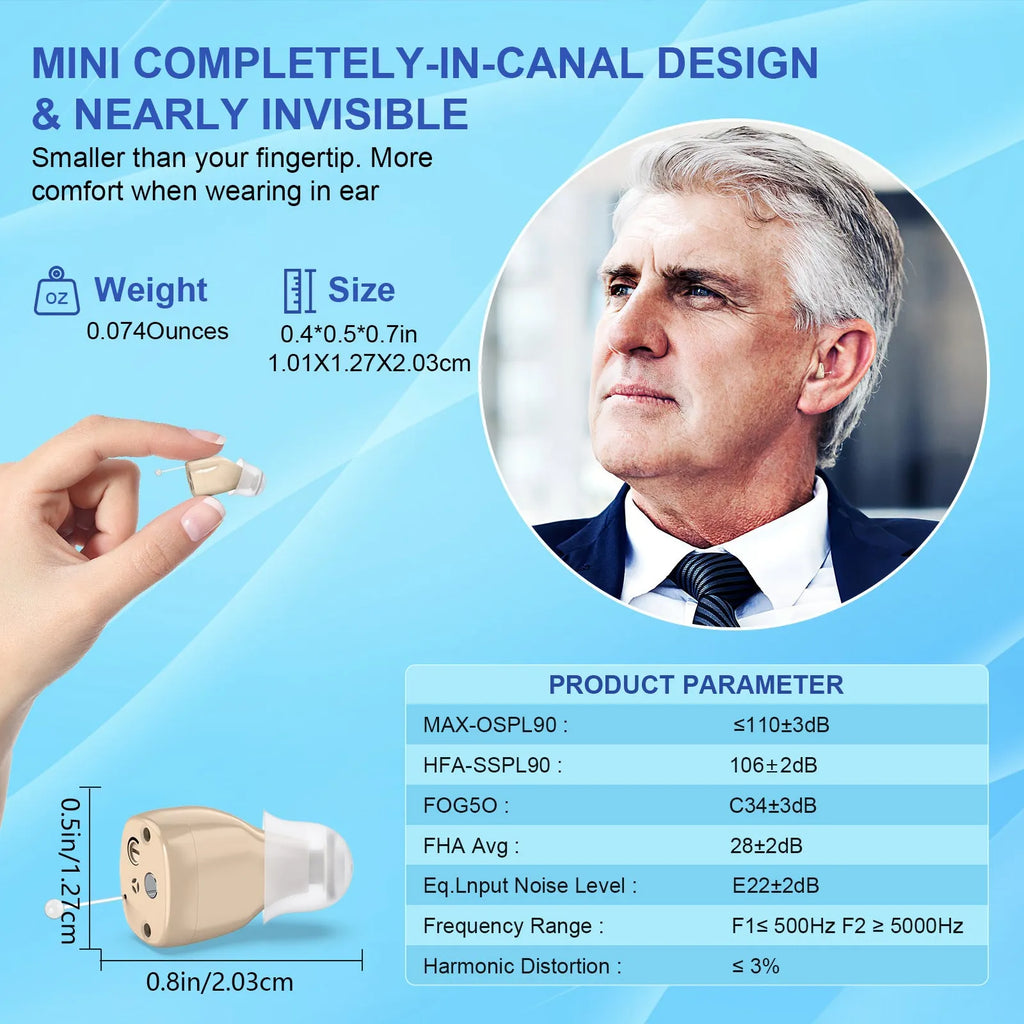 White skin noise reduction hearing aid with digital display and magnetic charging base