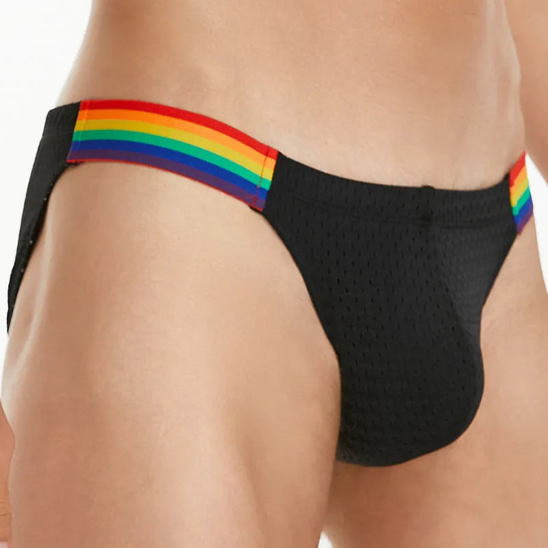 Men's solid colour low waist nylon mesh briefs on a white background