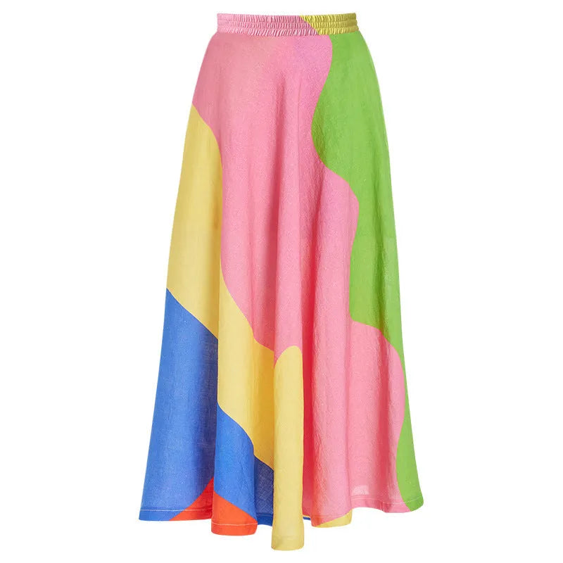 Solid colour women's one-piece swimsuit with deep V halter neck and backless design, shown with matching skirt.