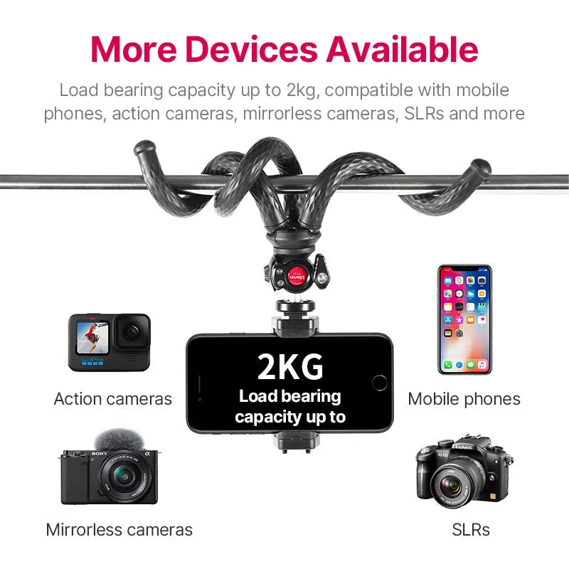 Black octopus leg mobile phone tripod set with clip, FT-01 model, aluminium alloy construction