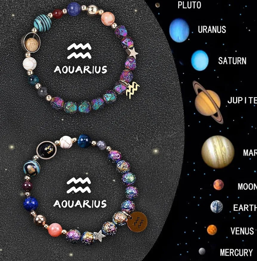 Adjustable natural stone beaded bracelet with twelve zodiac signs on a cord with sliding knot.