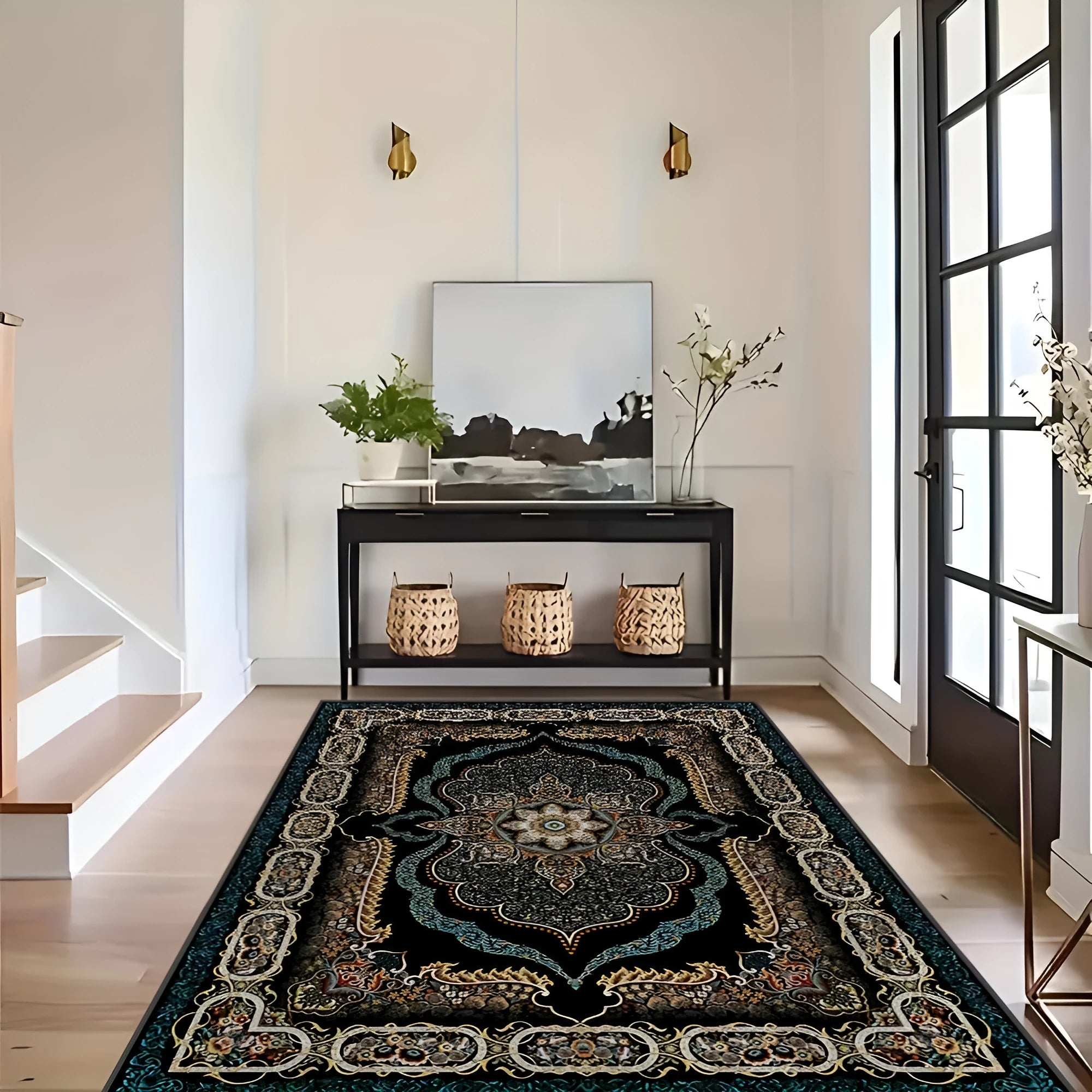 Washable crystal velvet Persian style living room carpet in rectangular shape with printed pattern