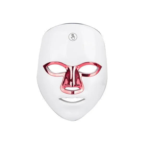 Rechargeable manual touch LED beauty mask in black with golden edge, showing facial light therapy device