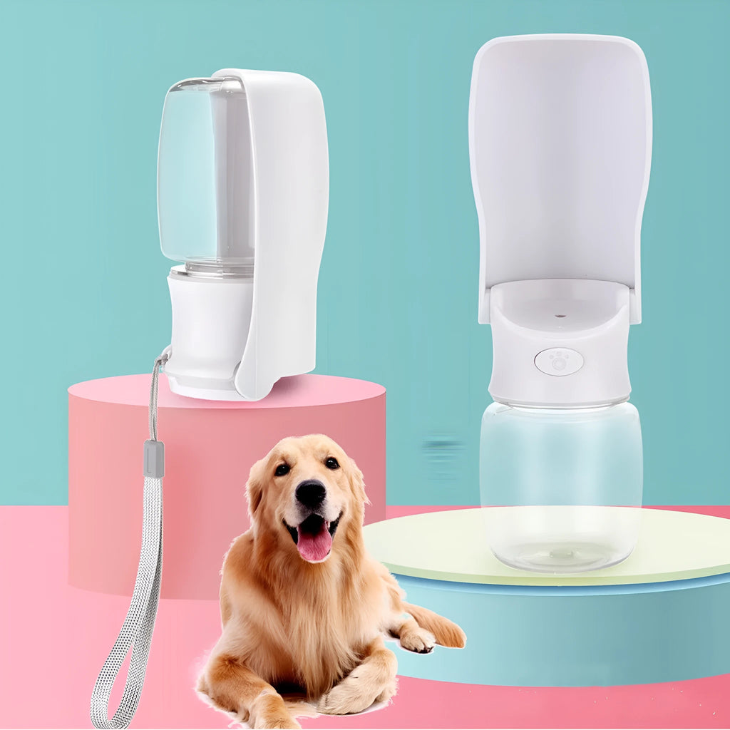 Foldable dog water bottle with dispenser in blue, pink or white colours showing collapsed and expanded states