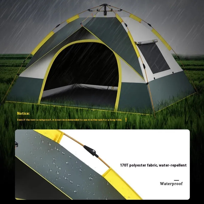 Dark green silver glue quick-open camping tent for 3-4 people pitched outdoors.