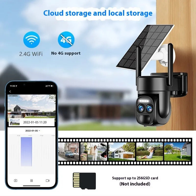 Solar security camera with 8x zoom lens, solar panel, and 4G/WiFi connectivity options