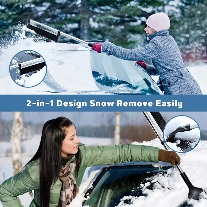 Black extendable car snow shovel and windshield wiper, 42.5 cm by 10 cm to 65 cm, with nylon bristles