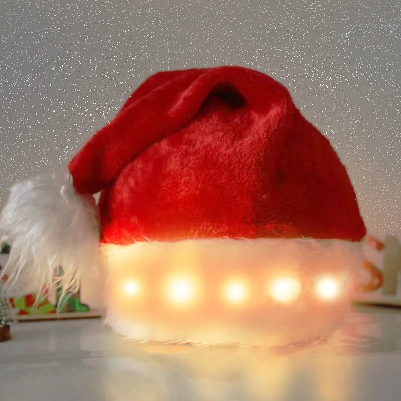 Red and white plush LED Santa hat with 20 colour-changing lights illuminated in festive display