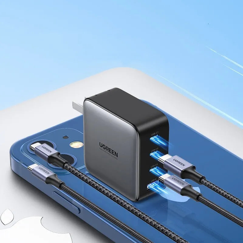 Compact 100W Gallium Nitride fast wall charger plug with multiple USB-C ports