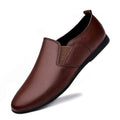 Men's black and brown leather business shoes with round toe design on size chart