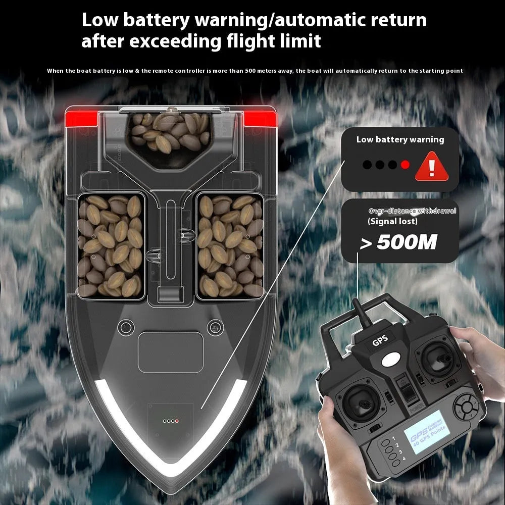 V020 black remote control fishing boat with GPS antenna on a calm lake at dusk