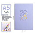 2025 A5 daily schedule book with soft faux leather cover, open to show weekly planner layout.