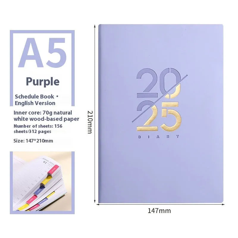 2025 A5 daily schedule book with soft faux leather cover, open to show weekly planner layout.