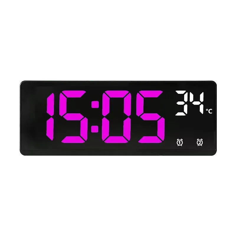 Large screen electronic LED alarm clock showing time and temperature, in a black acrylic casing.