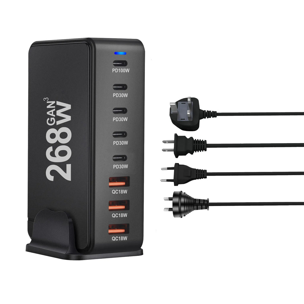 268W gallium nitride 8-port desktop charger with 5 USB-C and 3 USB-A ports in white colour