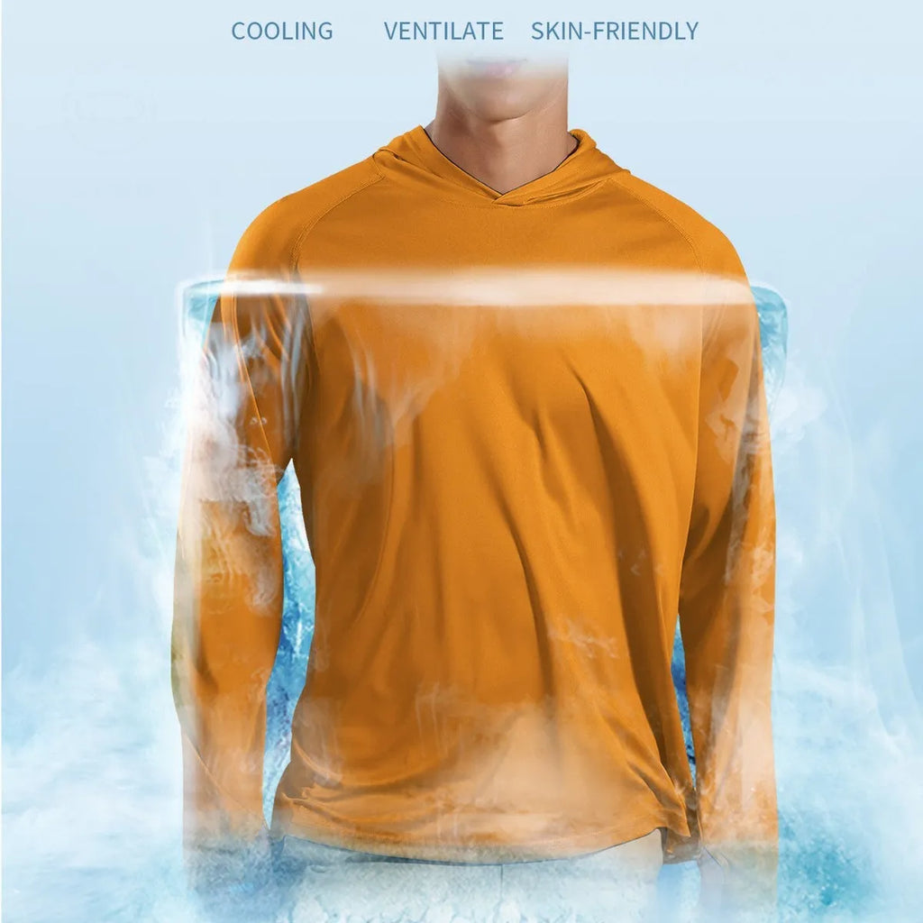 Thin polyester outdoor hooded top with long sleeves for fishing and hiking, shown in a solid colour.