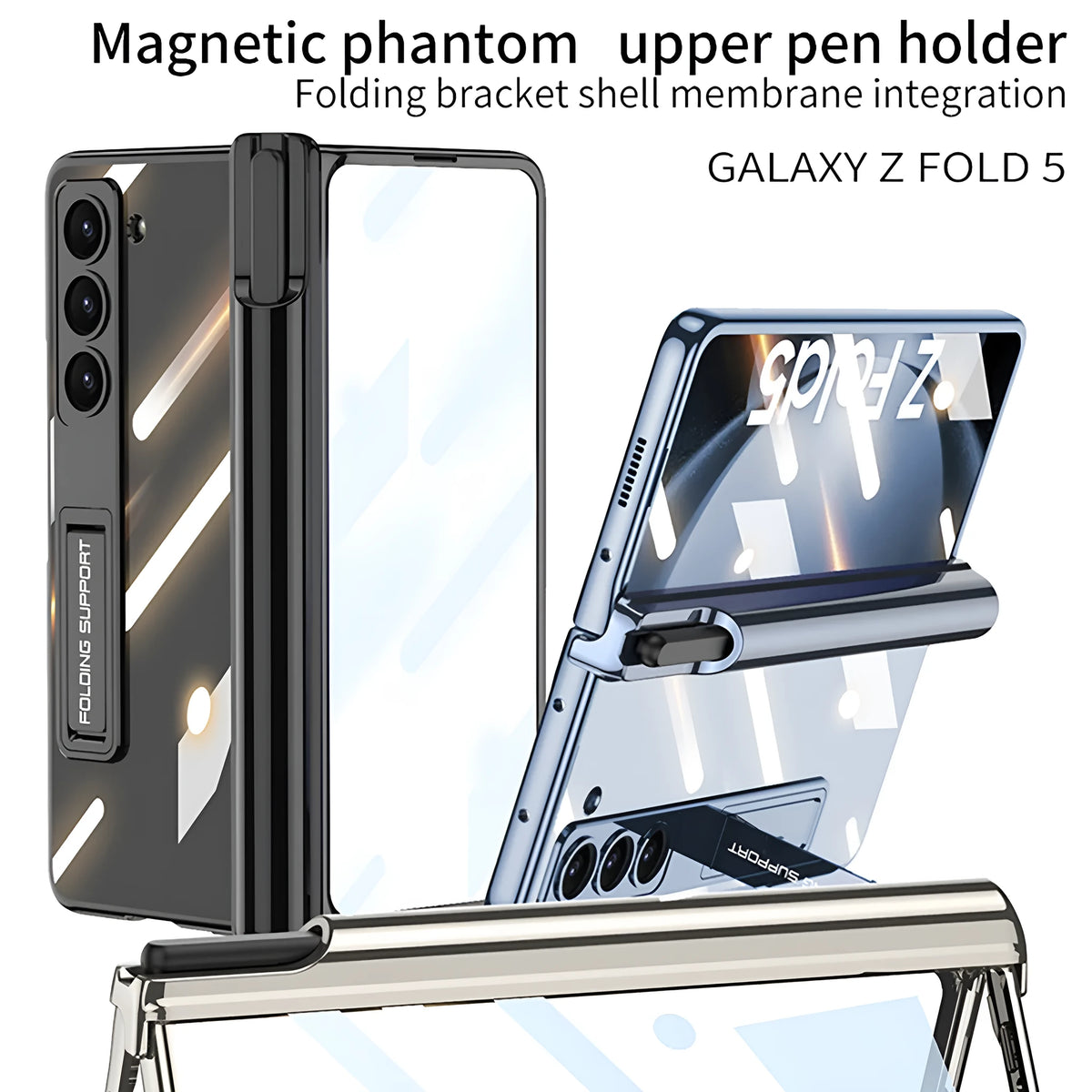 Electroplating transparent phantom magnetic pen holder phone case for Samsung Galaxy Z Fold5 in Holiday Blue hard PC shell