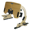 White maple wooden folding bed desk with laptop at an adjustable angle on a duvet.