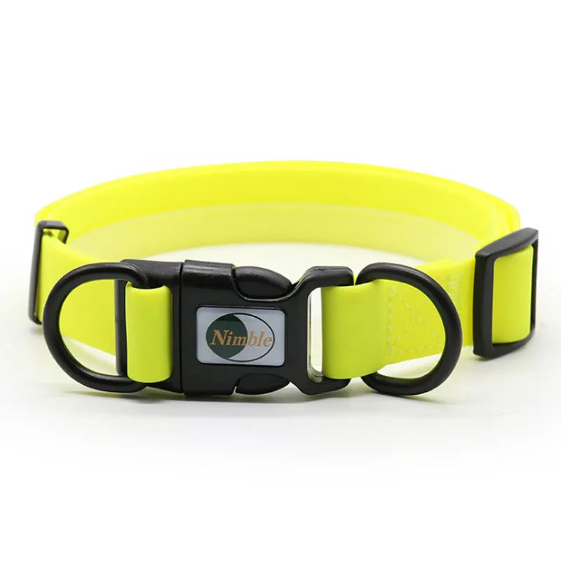 PVC waterproof dirt-resistant adjustable dog collar in blue with buckle, on white background