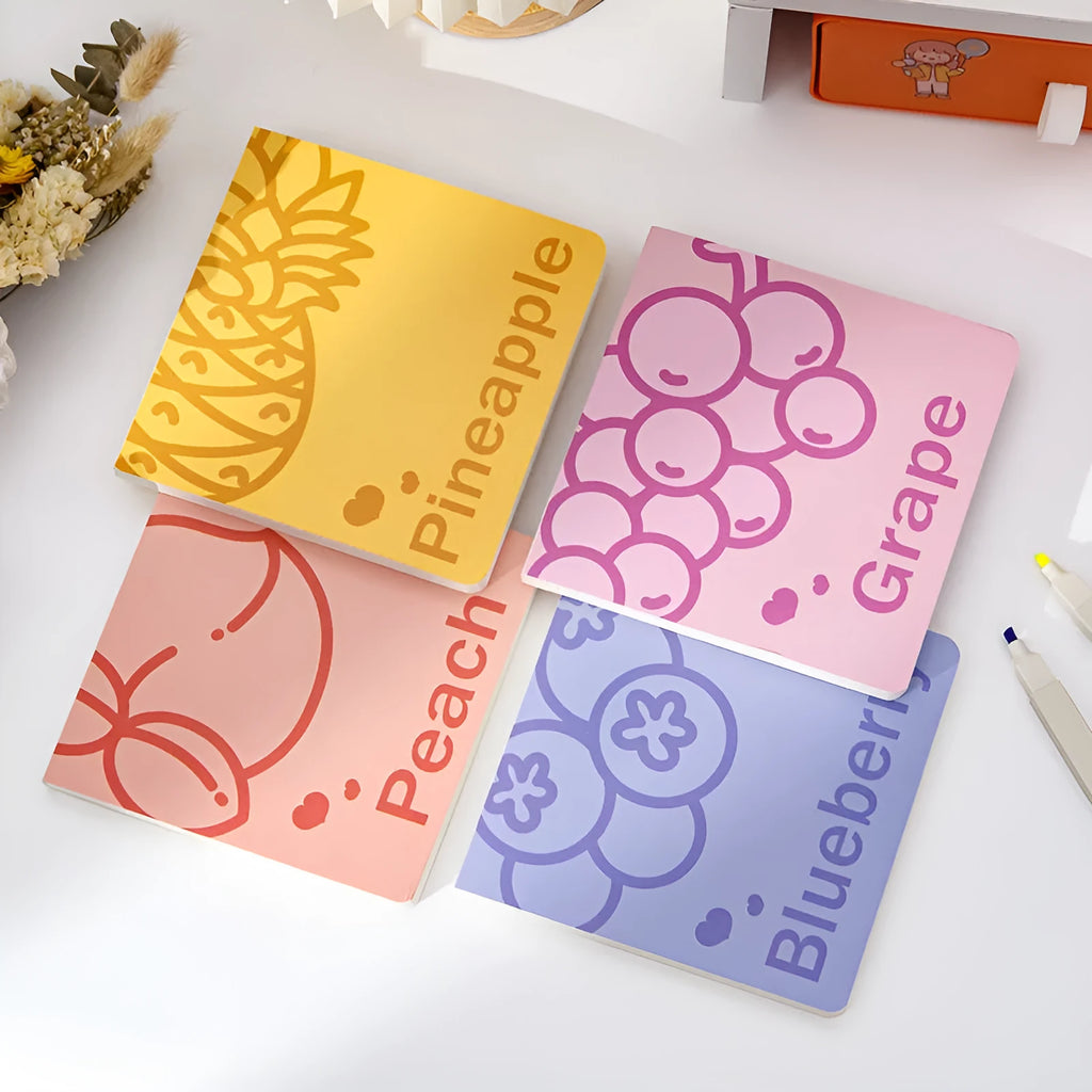 Square notebook with embossed fruit design cover showing 14.5cm dimensions