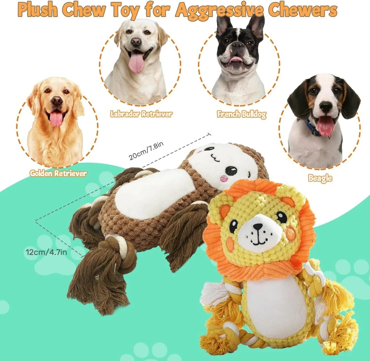 Lion and monkey stuffed squeaky plush dog toys for medium and large breed dogs.
