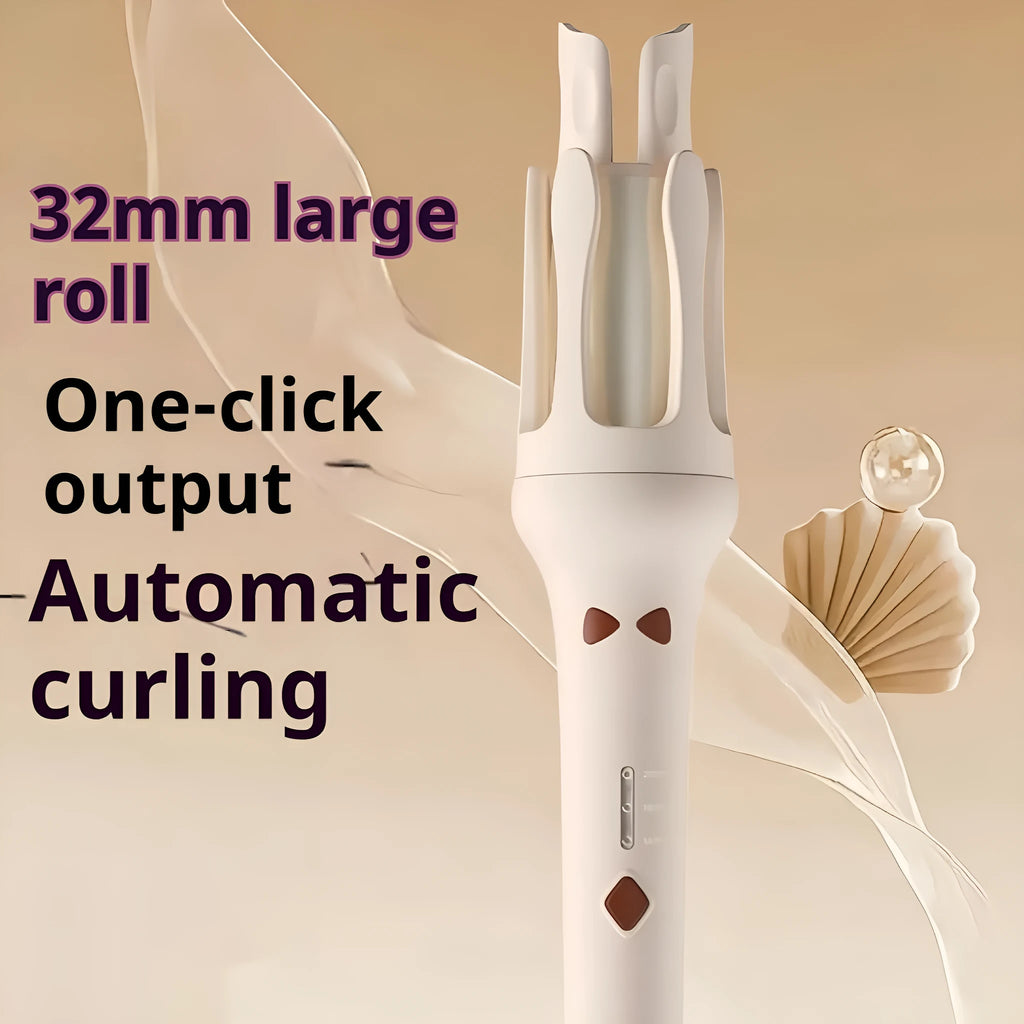 White and pink automatic hair curler with a rotating 32mm ceramic barrel and digital temperature display.