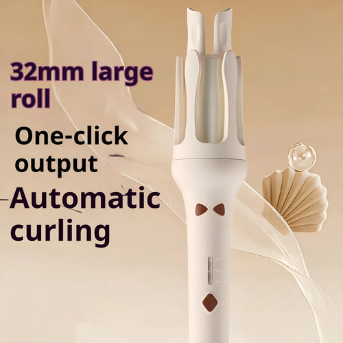 White and pink automatic hair curler with a rotating 32mm ceramic barrel and digital temperature display.