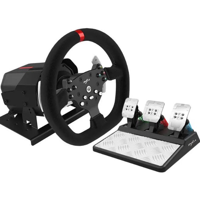 PXN V10 force feedback racing game steering wheel with black rim and red accents, compatible with PC and consoles