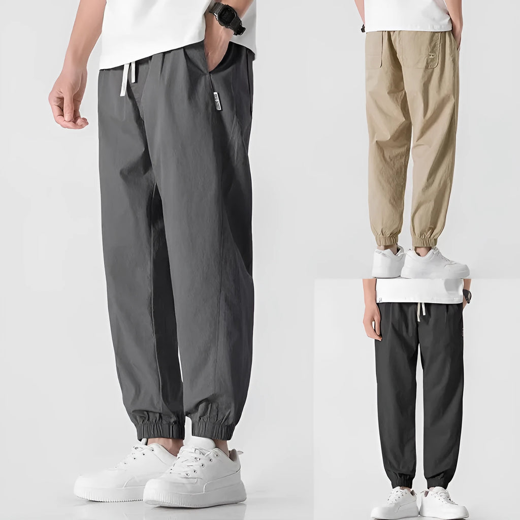 Men's fashion loose cuffed cargo pants in khaki, polyester fabric, autumn casual trousers with cuffed hem