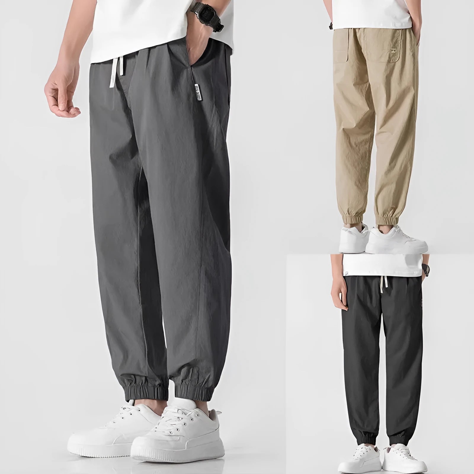 Men's fashion loose cuffed cargo pants in khaki, polyester fabric, autumn casual trousers with cuffed hem