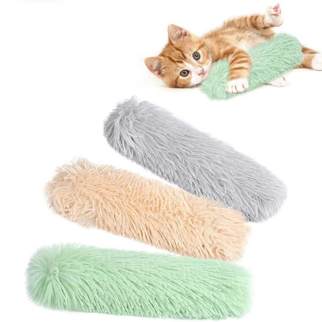 Cat plush toy pillow in blue, green, pink, or white colours measuring 27cm by 10cm