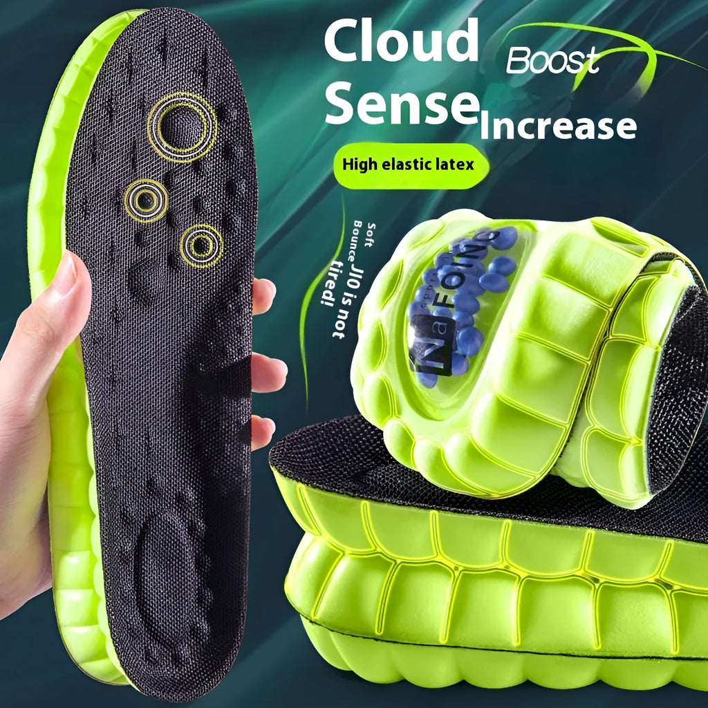 Green PU sports insoles with air cushion shock absorption and argy wormwood lining on a white background