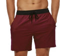 Men's blue athletic shorts with a stitching waistband, drawstring, and headband pocket.