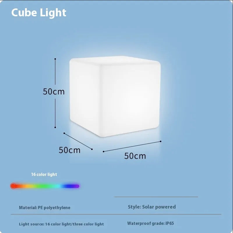 A modern square LED cube light stool for outdoor gardens, available in multiple sizes.