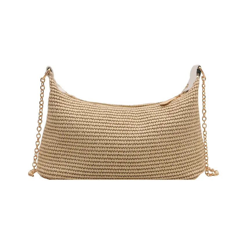 Straw woven beach shoulder tote bag in black colour with polyester lining and sandwich pockets