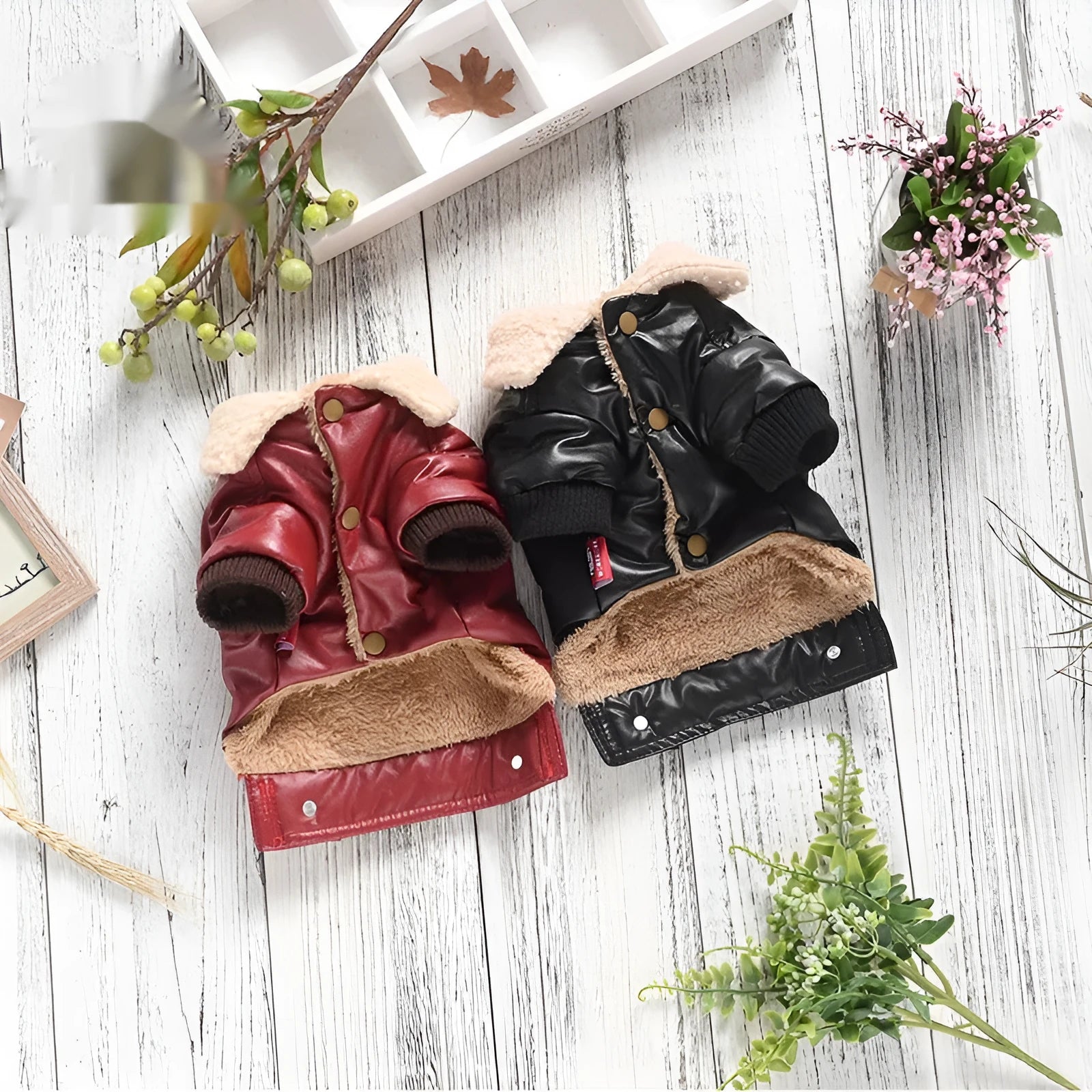 Black PU leather pet winter coat with fleece lining for dogs and cats