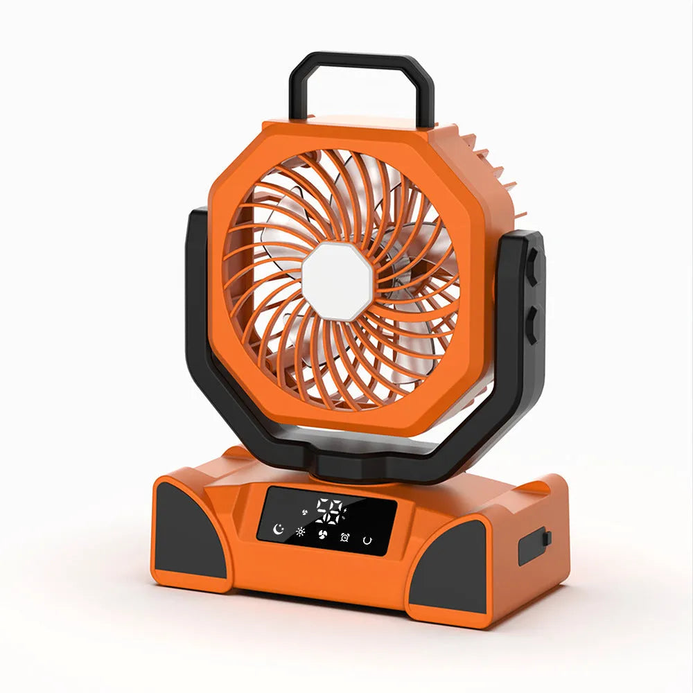 Outdoor portable rechargeable lighting fan with remote control, shaking head, in F6 Orange colour