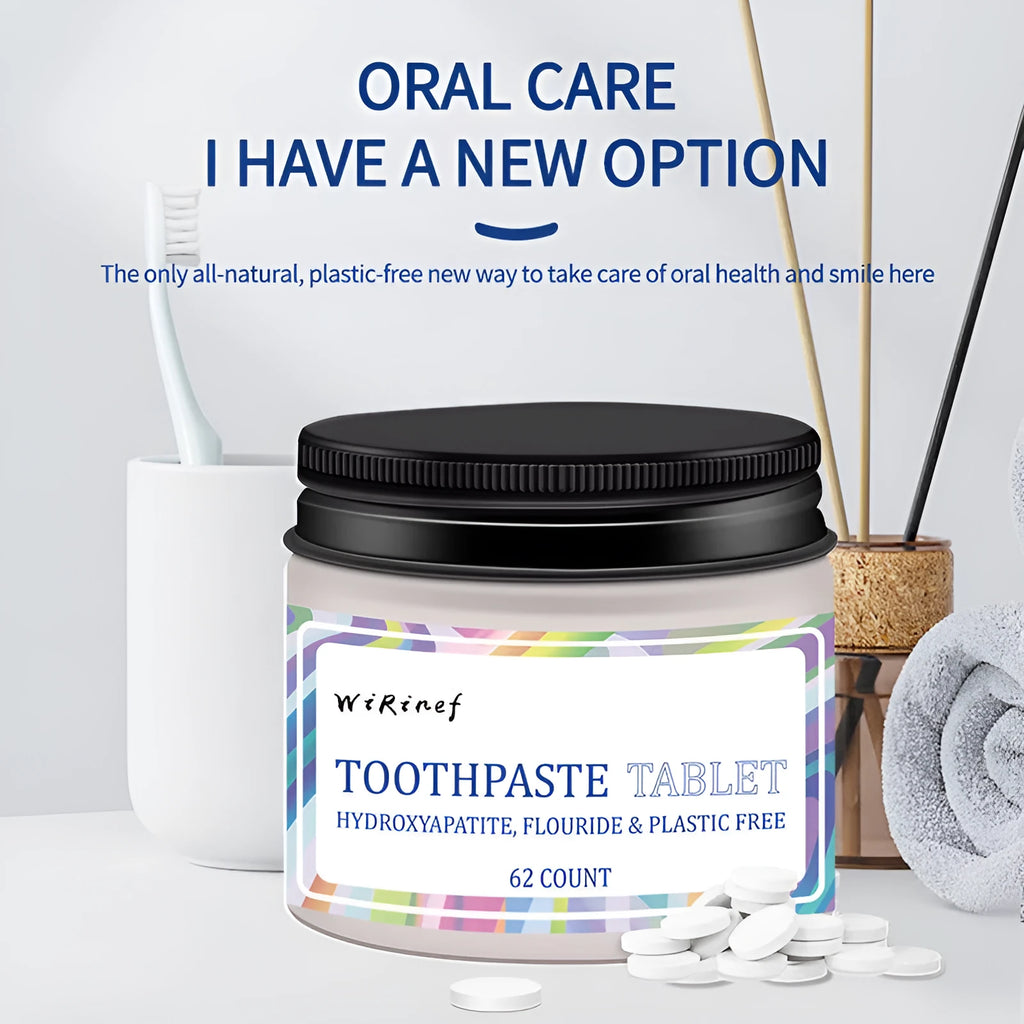 Pack of 62 white solid toothpaste tablets for portable dental cleaning.