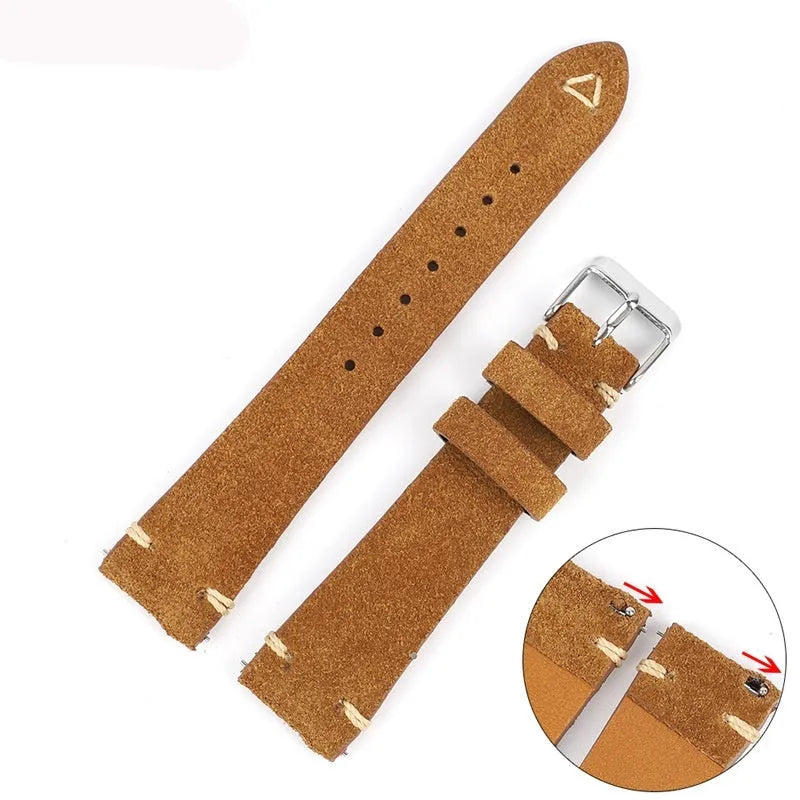 Brown suede genuine leather watch strap with ethnic style design.