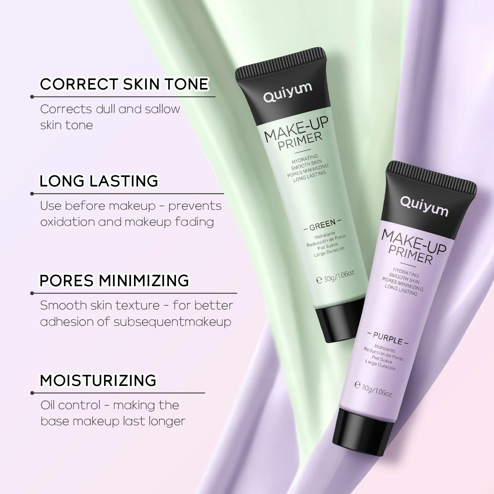 30g makeup primer compact showing green, pink, and purple colour-correcting cream shades