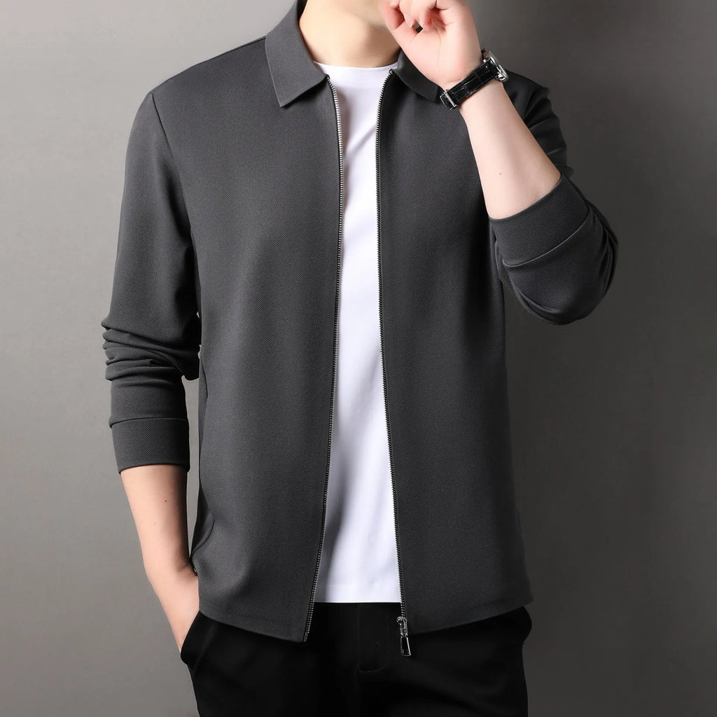 Men's polyester jacket in black, dark grey and apricot colours with straight hem design